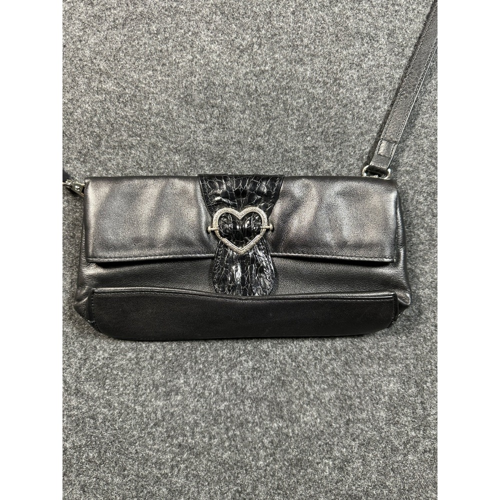 Brighton Black Leather Crossbody Bag Silver Heart Buckle Croc Embossed Trim
